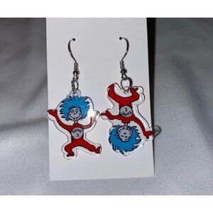Earrings Dr. Seuss Thing 1 or Thing 2 Cat in the Hat Acrylic Whimsical Dangle